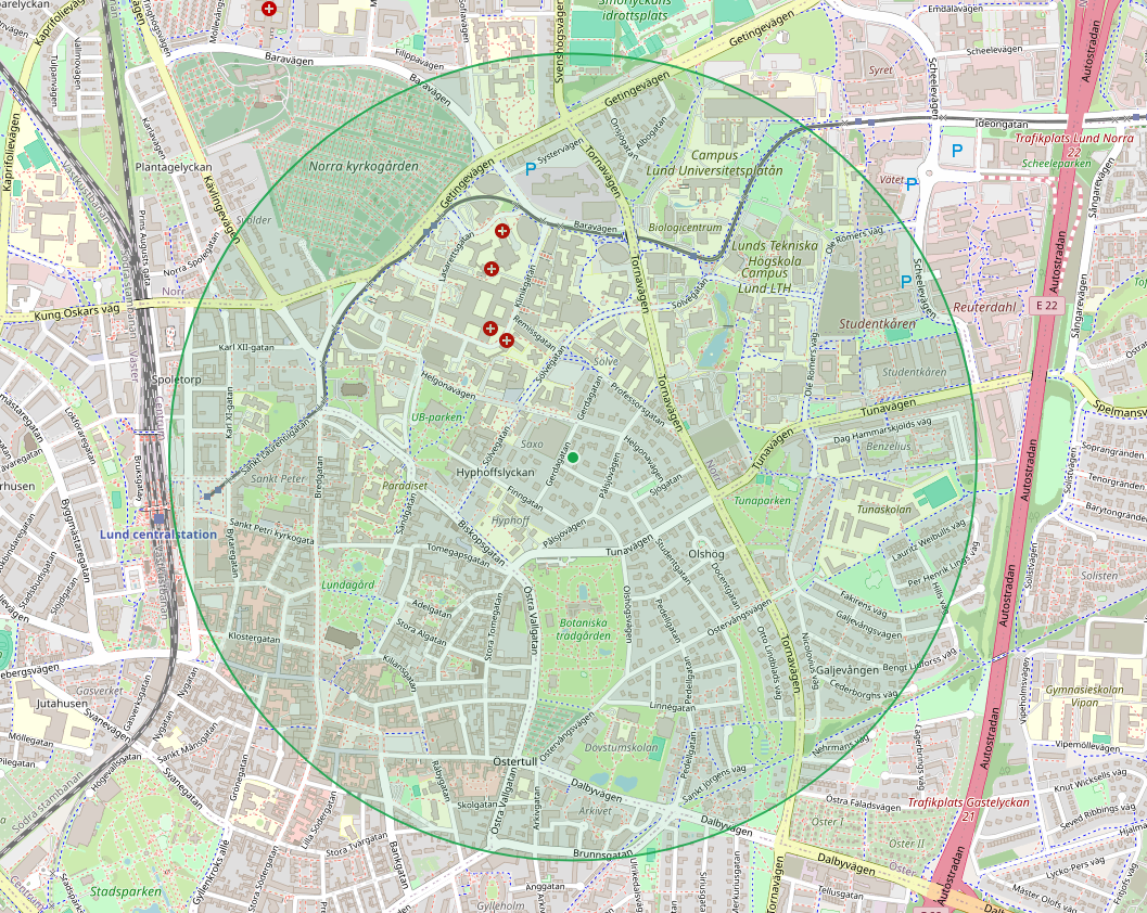 Figure 2: Bara inom 1 km radie finns både Botaniska trädgården, UB-parken, Tunaparken, Lundagård och Norra Kyrkogården. Bina kan dock flyga 3 gånger längre än så, och täcka in hela Lund.